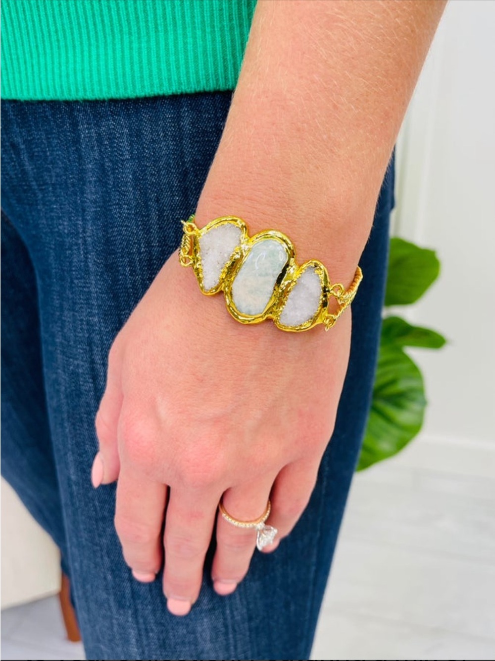 Gold-Tone White Druzy Stone Cuff Bracelet - Women Jewelry